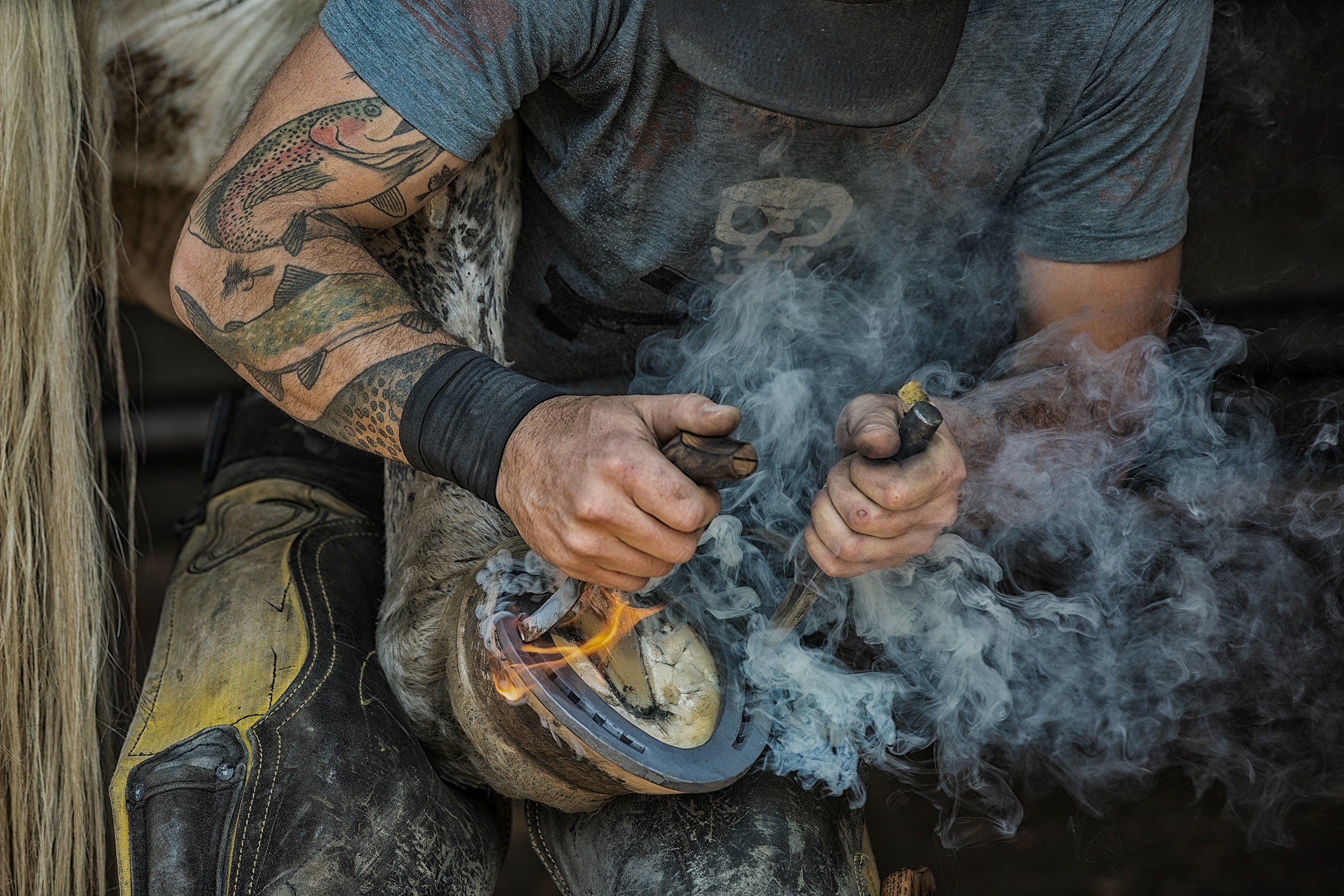 Agriculture Photography farrier shoeing horse smoke and fire