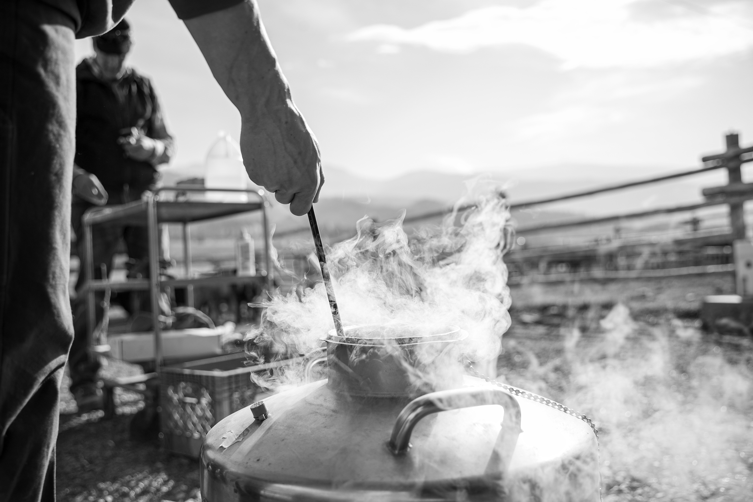 Ranch hand preparing the branding iron with a cold branding process. Black and white image of cowgirls feeding grain before a ride in the round pen. Livestock and agriculture photography