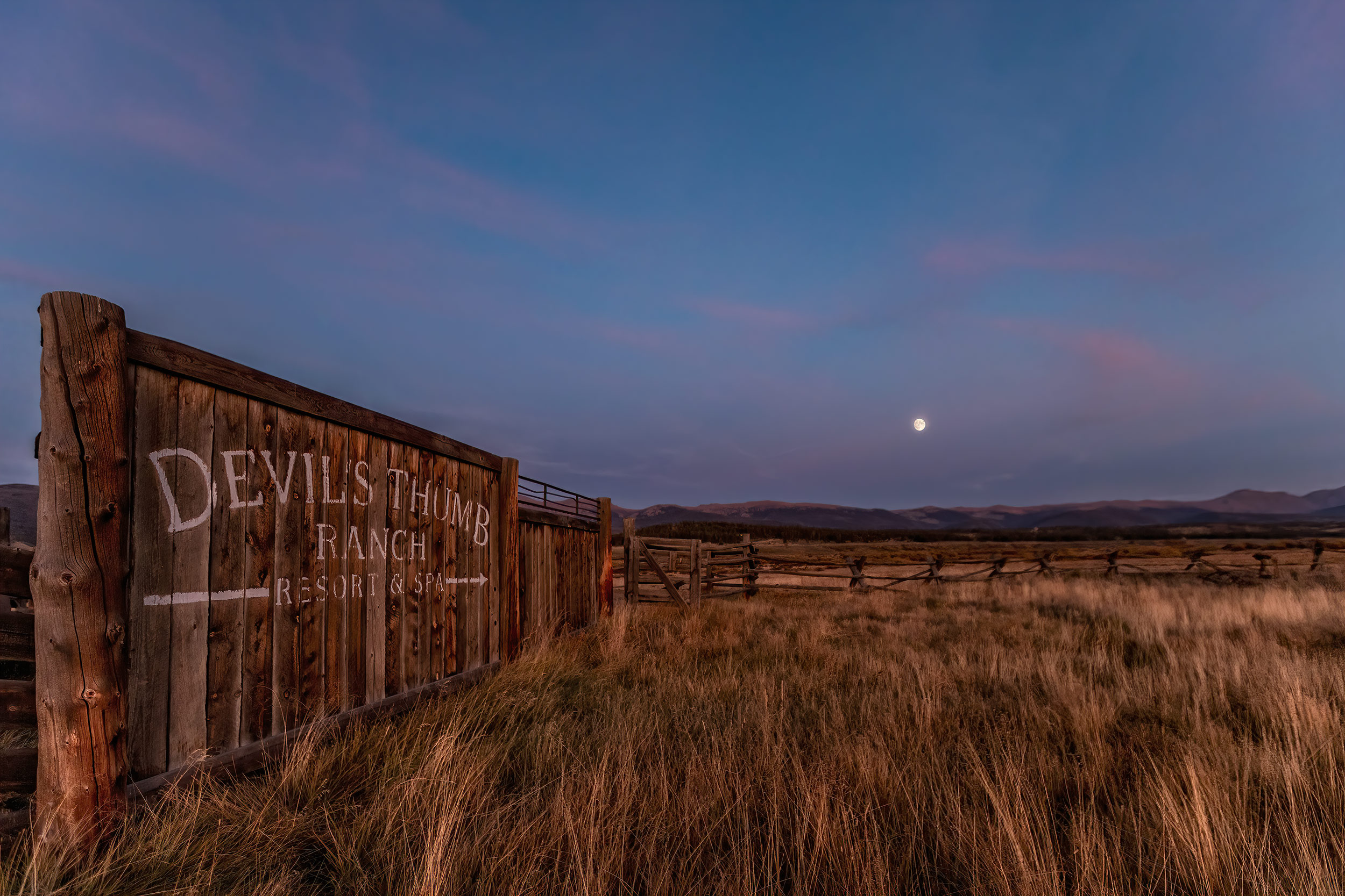 Landscape dusk DTR ranch sign  for Devils Thumb Ranch