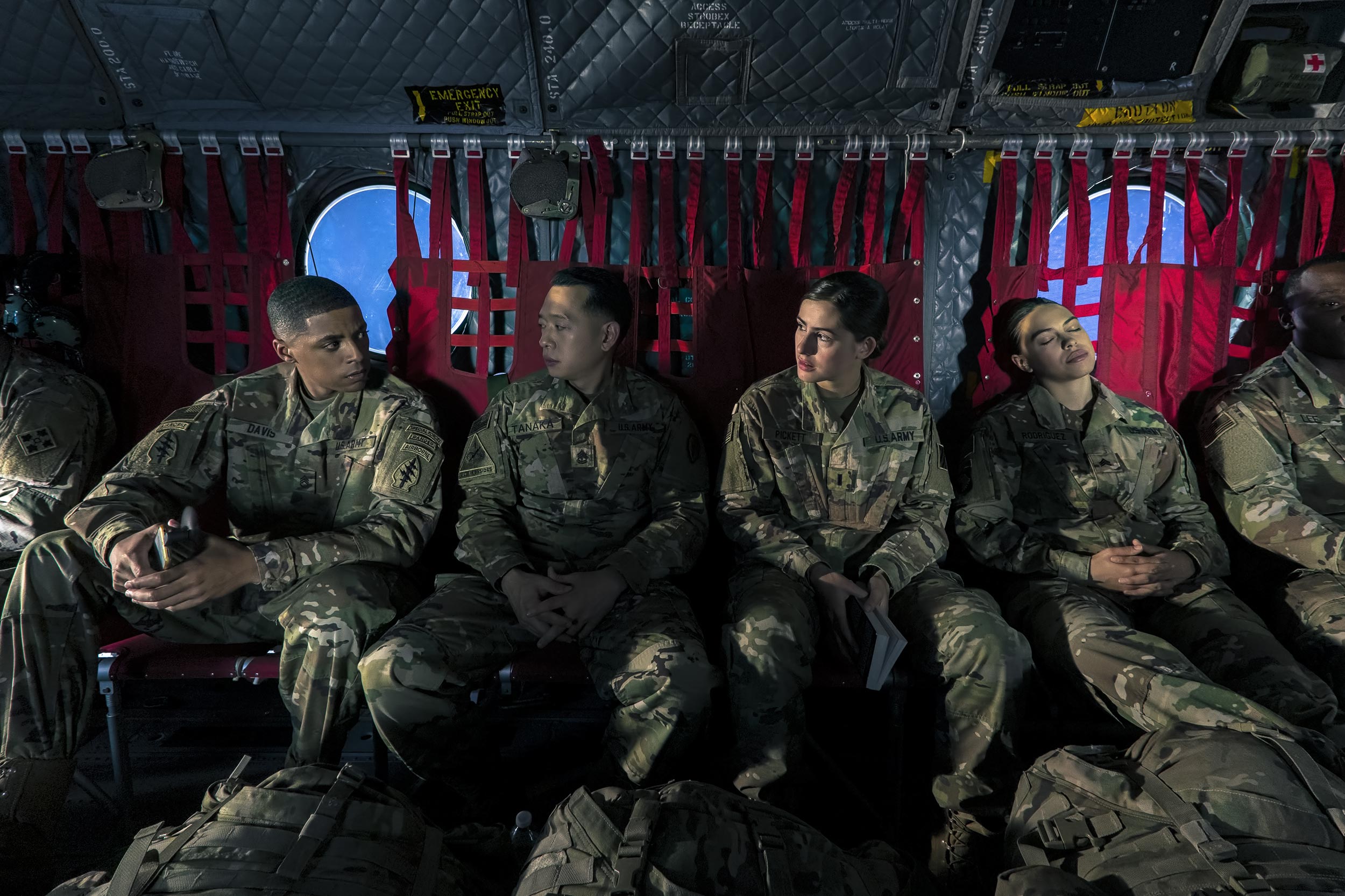 US Army Soldiers riding in Chinook Helicopter