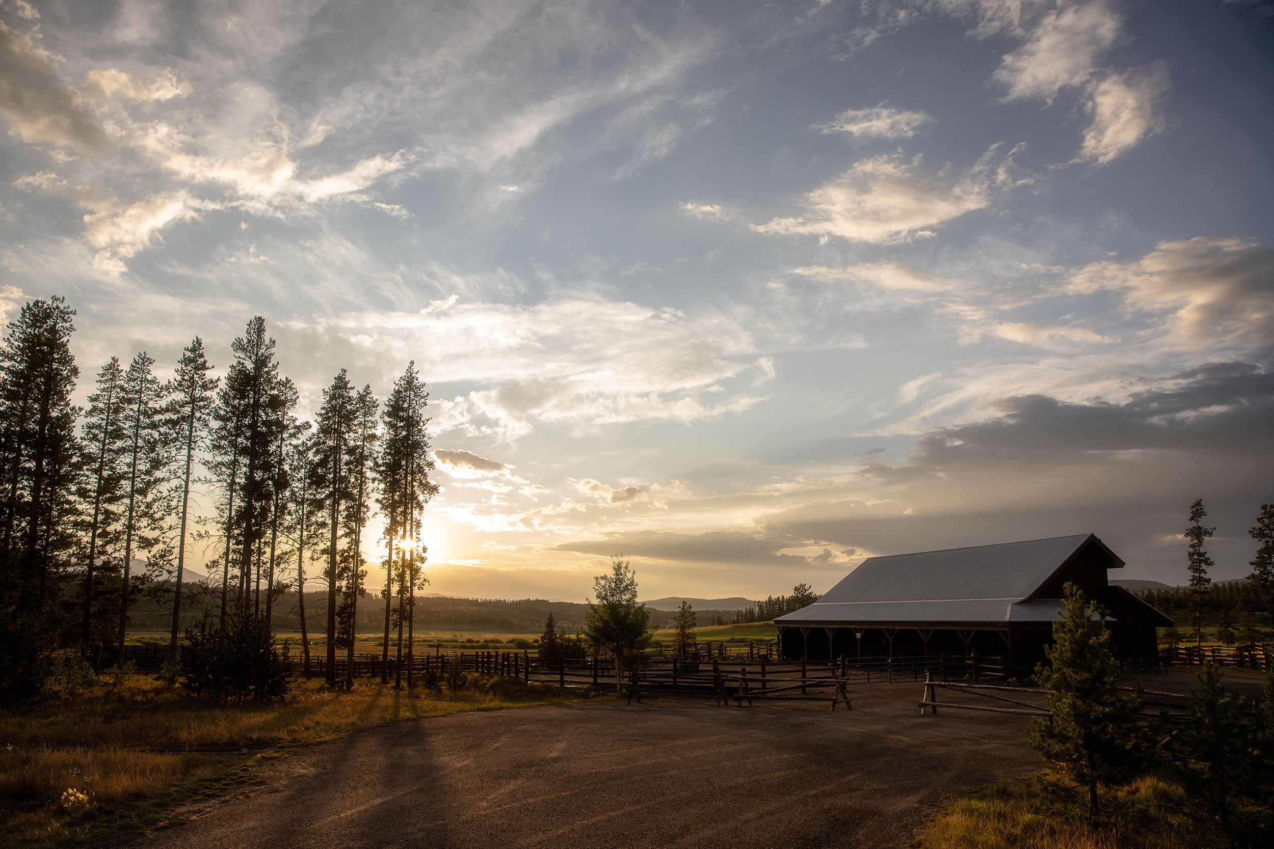 Landscape horse barn sunset  for Devils Thumb Ranch